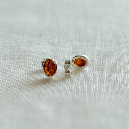 Sterling Silver Baltic Amber Oval Stud Earrings