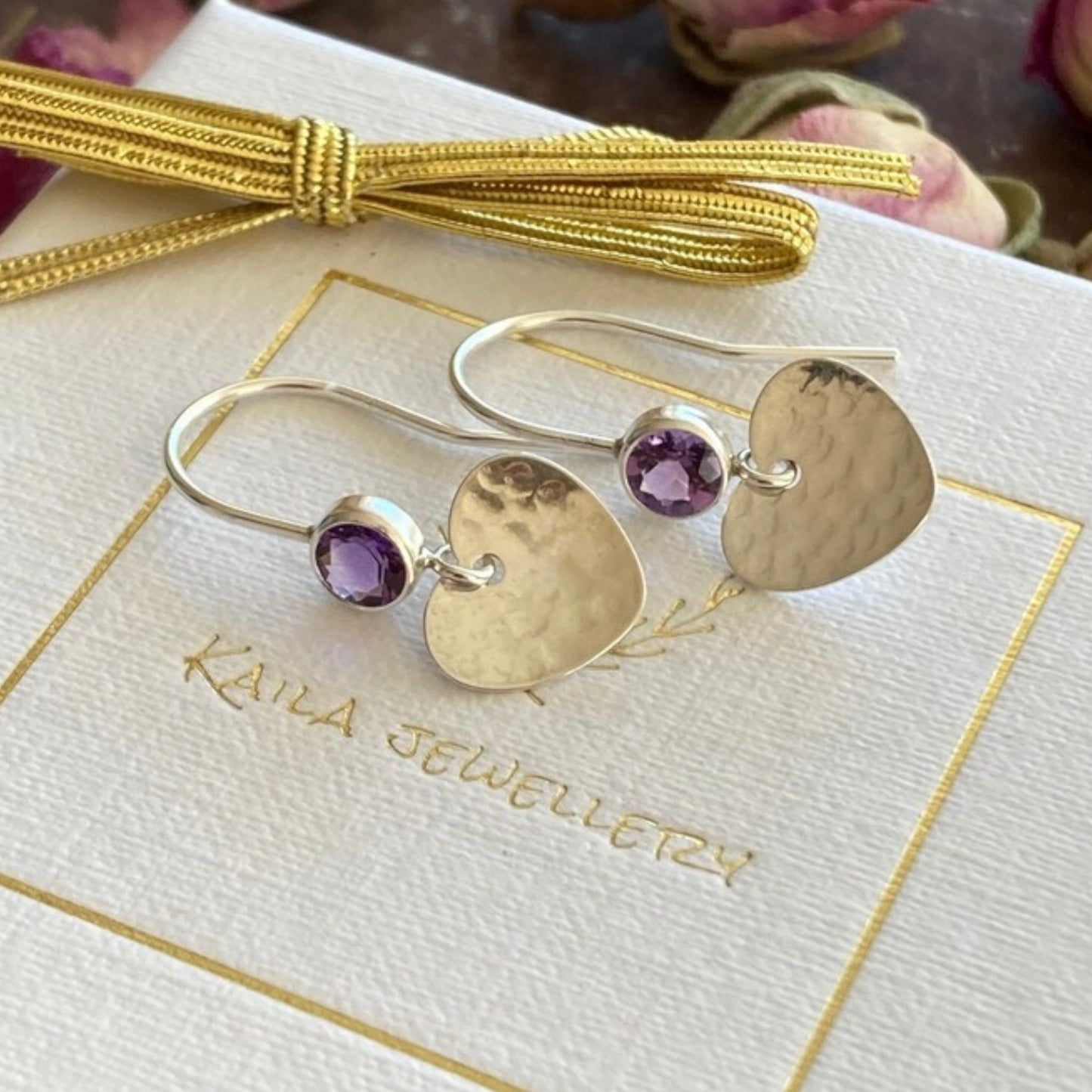 Amethyst & Hammered Heart Earrings in Sterling Silver