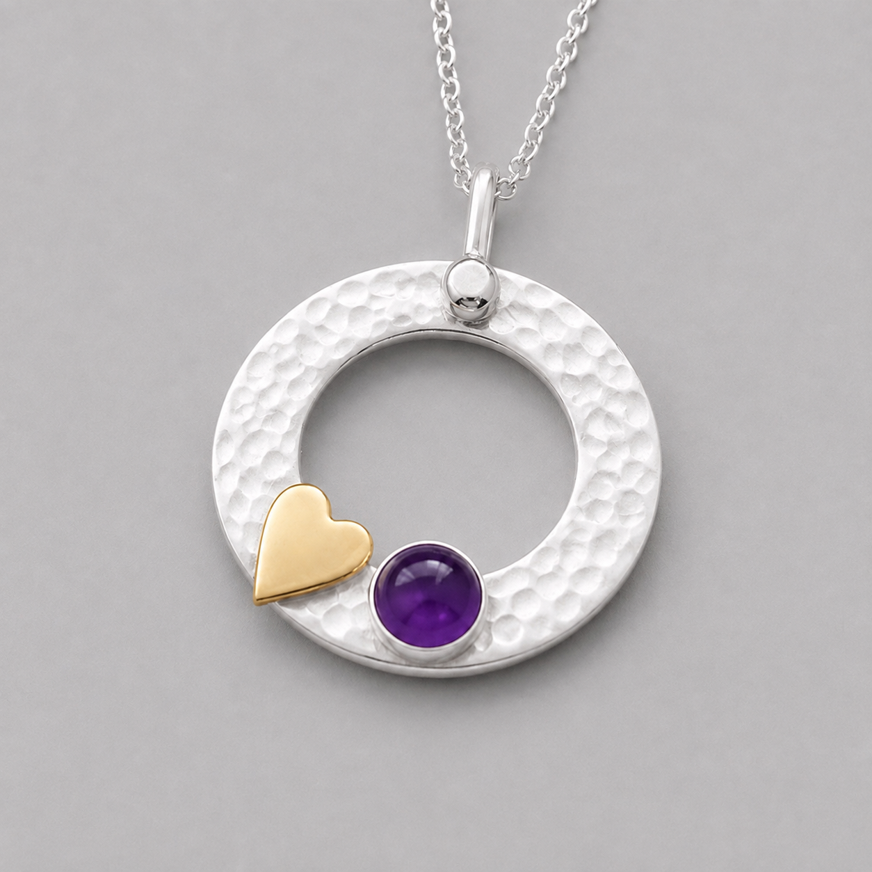Sterling Silver Amethyst Circle Necklace with Gold Filled Heart – February Birthstone