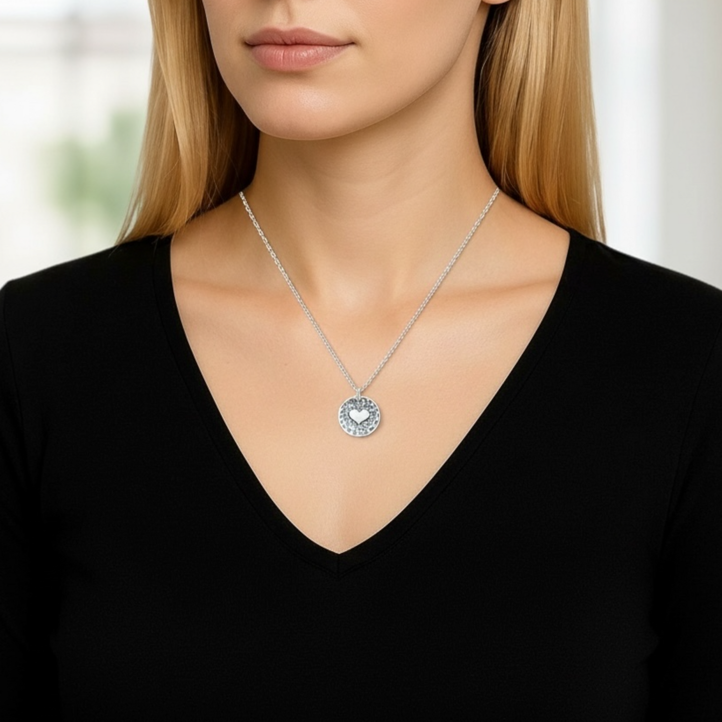 Sterling silver heart disc pendant