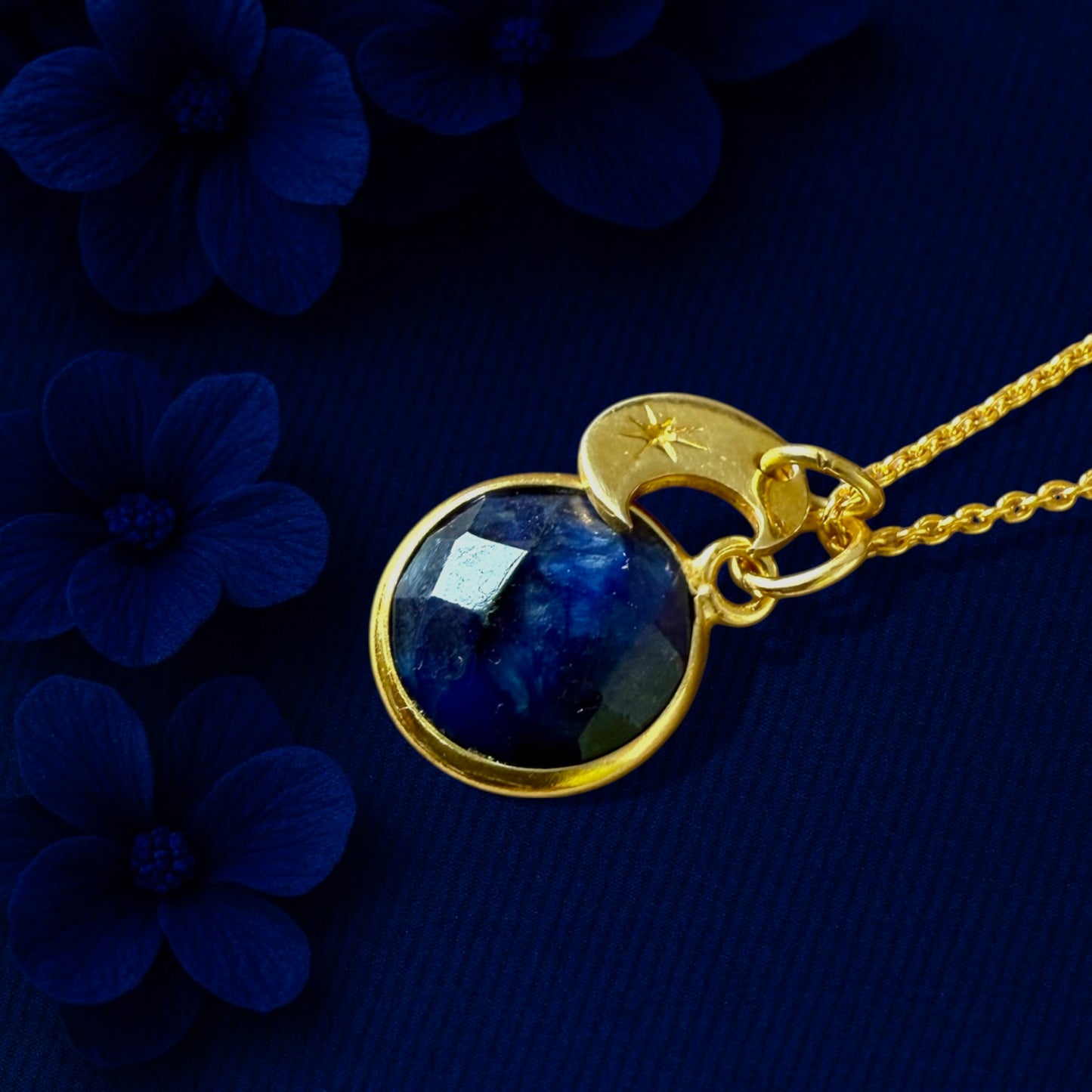 Sapphire & Crescent Moon Gold Vermeil Necklace