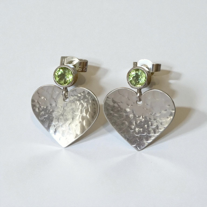 Peridot August birthstone sterling silver heart stud earrings.