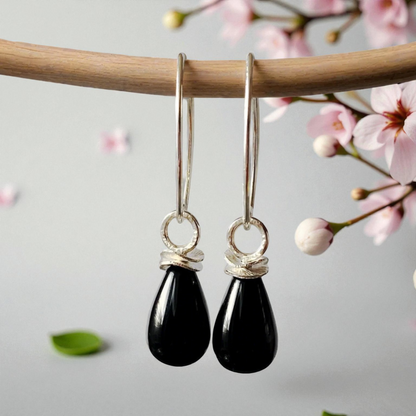 Black onyx briolette sterling silver earrings