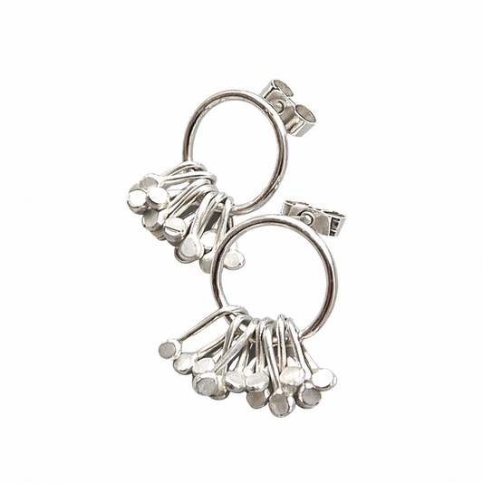 Sterling silver circle and droplets stud earrings.