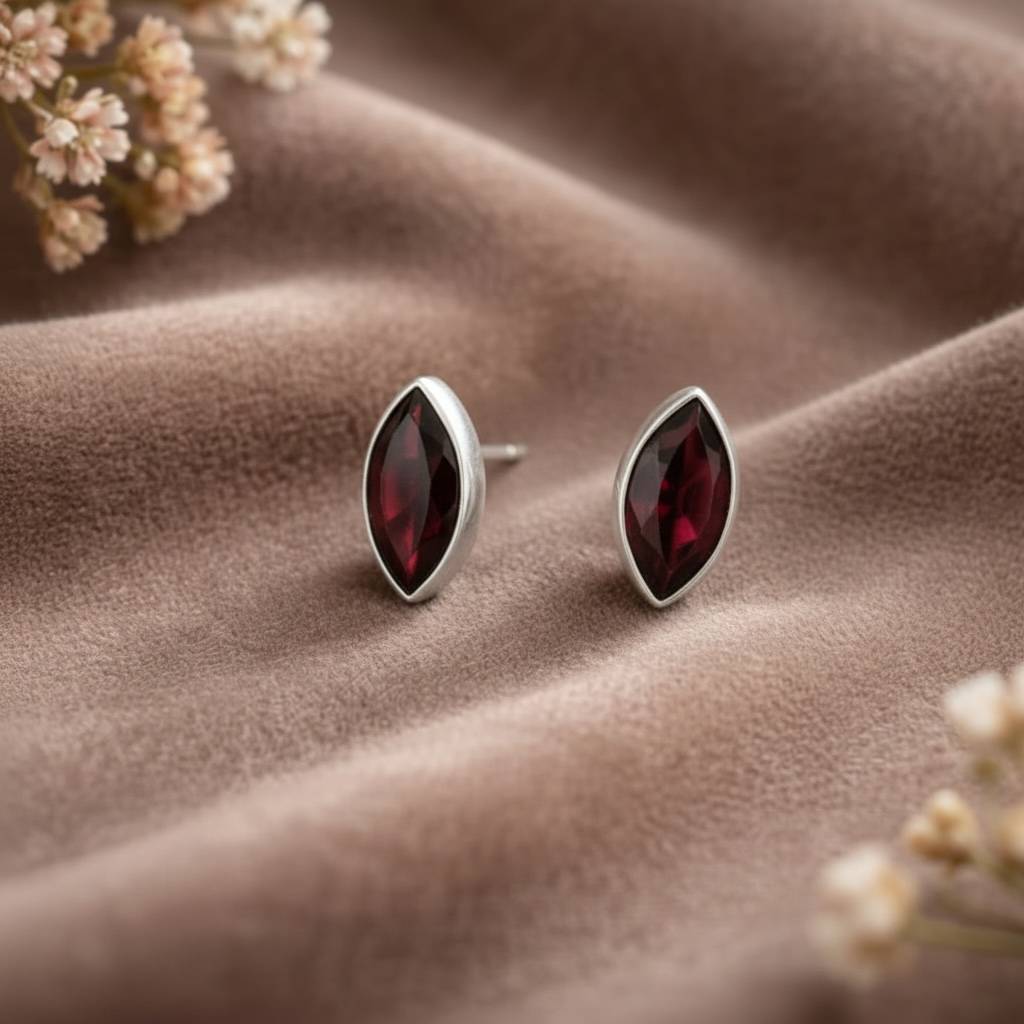 Marquise Garnet Stud Earrings in Sterling Silver