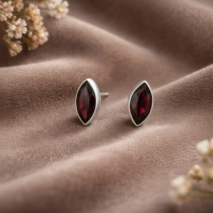 Marquise Garnet Stud Earrings in Sterling Silver