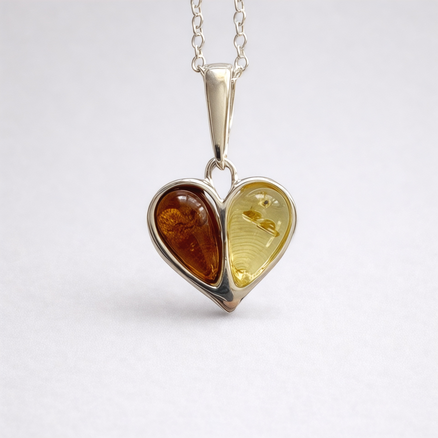 Sterling Silver Baltic Amber Heart Necklace – Yellow & Brown Amber Duo