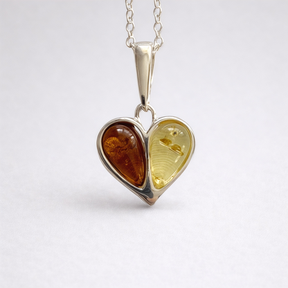 Sterling Silver Baltic Amber Heart Necklace – Yellow & Brown Amber Duo