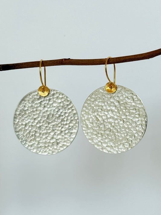 Large hammered sterling silver disc earrings