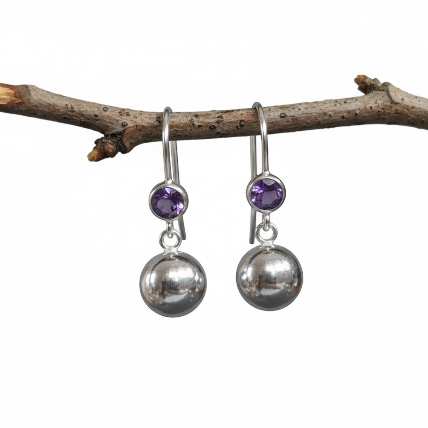 Sterling Silver Amethyst Ball Dangle Earrings