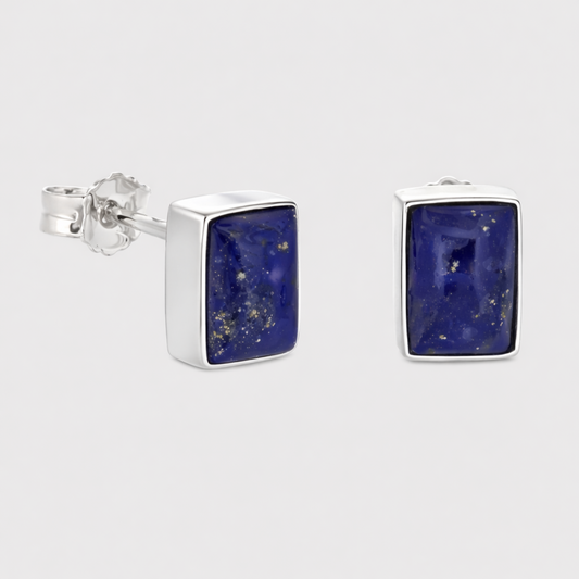 Lapis Lazuli Stud Earrings in 925 Sterling Silver – Rectangular Natural Blue Gemstone Studs