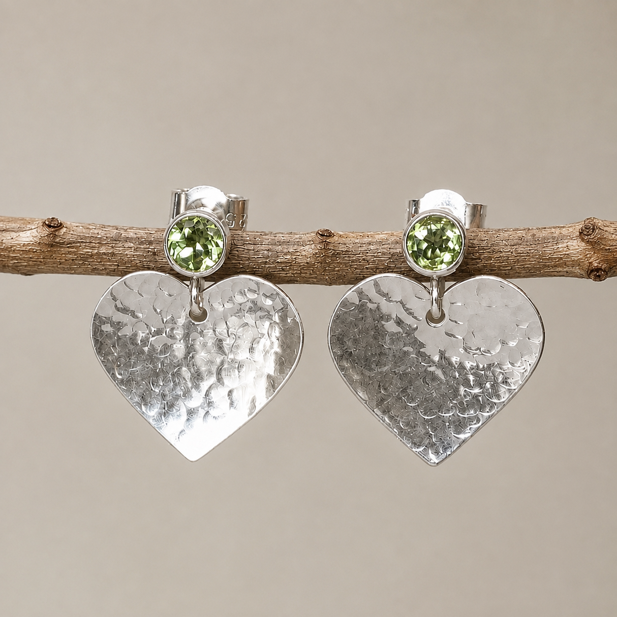 Sterling Silver Peridot Heart Drop Earrings | August Birthstone