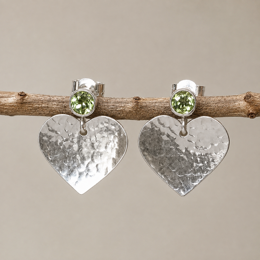 Sterling Silver Peridot Heart Drop Earrings | August Birthstone