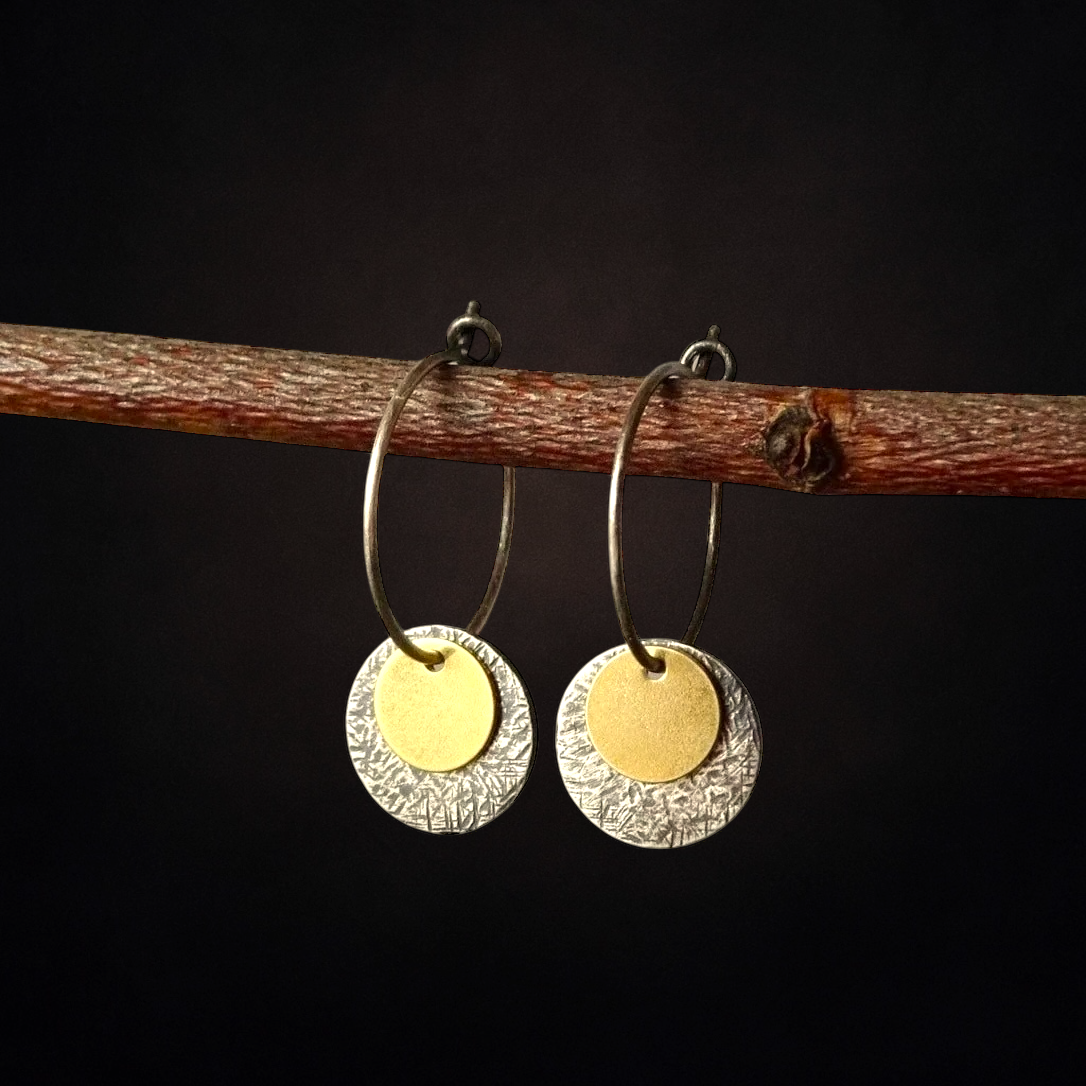 Gold vermeil, oxidised sterling silver disc hoop earrings.