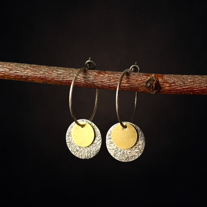 Gold vermeil, oxidised sterling silver disc hoop earrings.