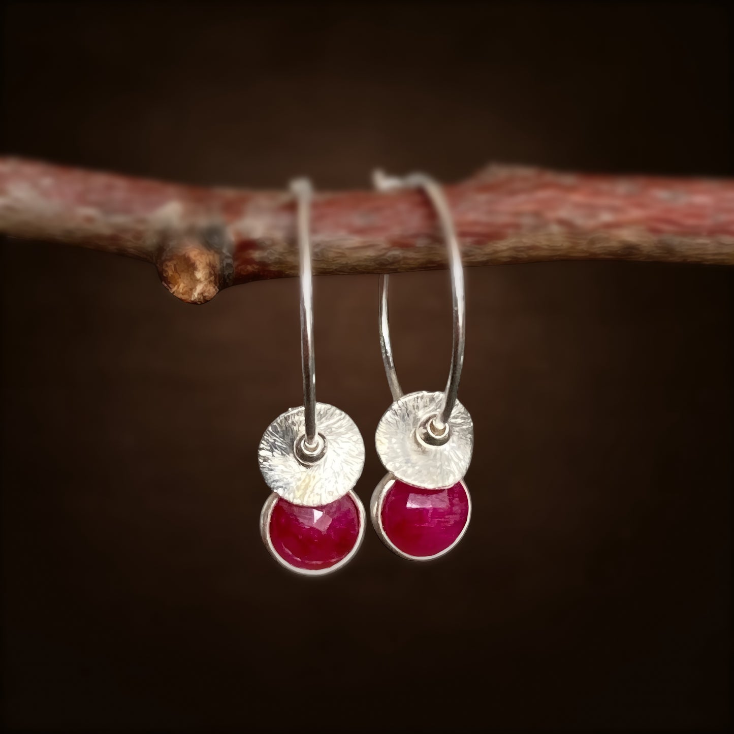 Ruby sterling silver hoop earrings. July birthstone earrings