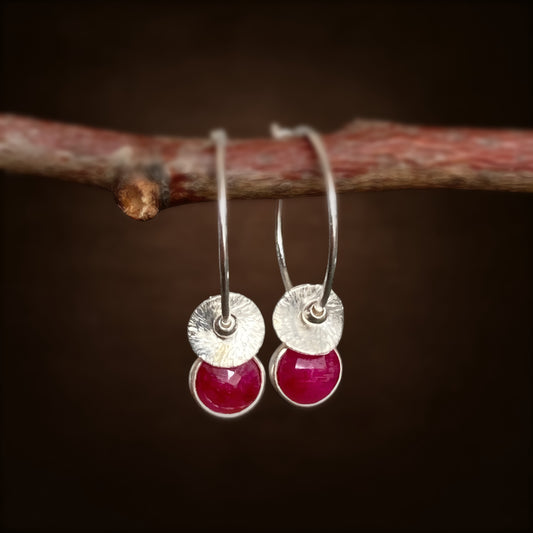 Ruby sterling silver hoop earrings. July birthstone earrings