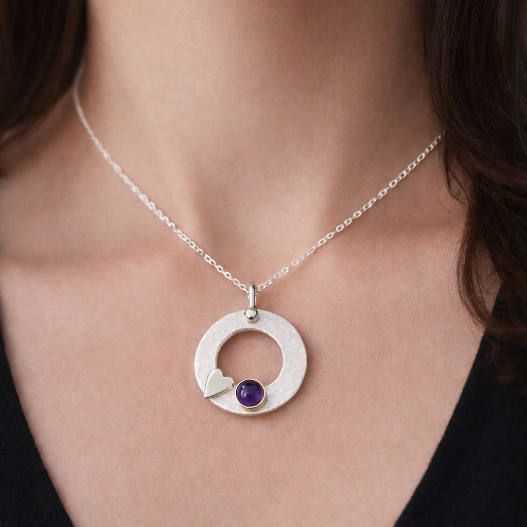 Amethyst Sterling Silver Circle Necklace – February Birthstone Heart Pendant