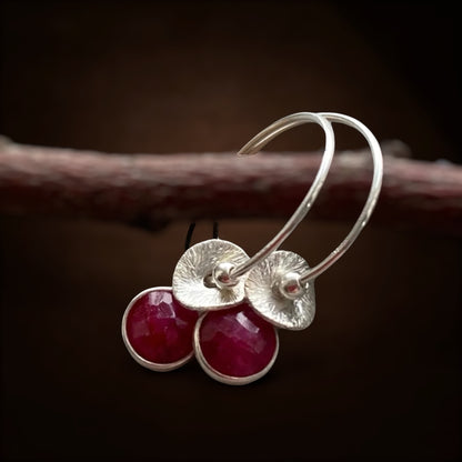 Ruby sterling silver hoop earrings. July birthstone earrings