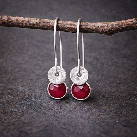 Ruby sterling silver dangle earrings. July birthstone earrings.