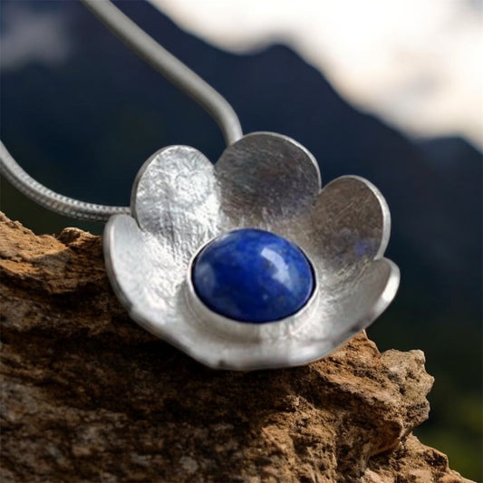 Artisan lapis lazuli flower sterling silver pendant necklace.