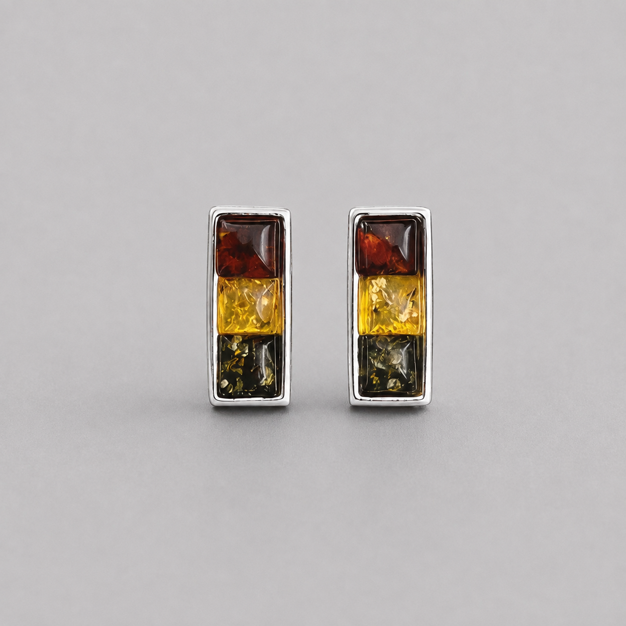 Sterling Silver Stud Earrings with a Trio of Amber Stones
