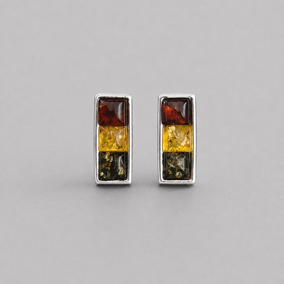 Sterling Silver Stud Earrings with a Trio of Amber Stones