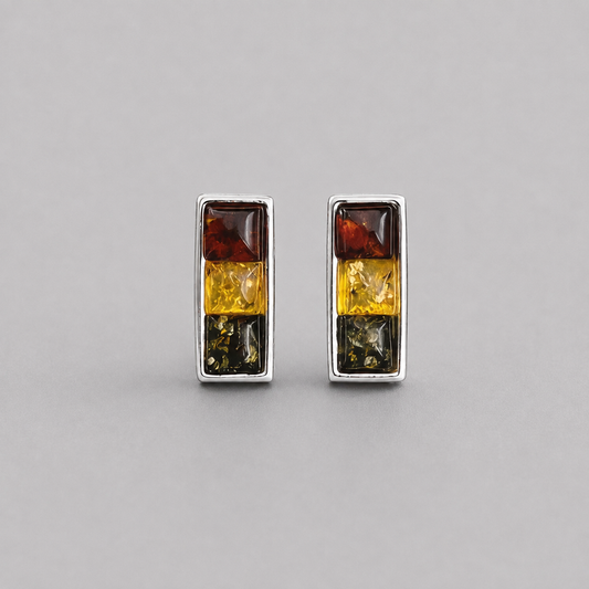 Sterling Silver Stud Earrings with a Trio of Amber Stones