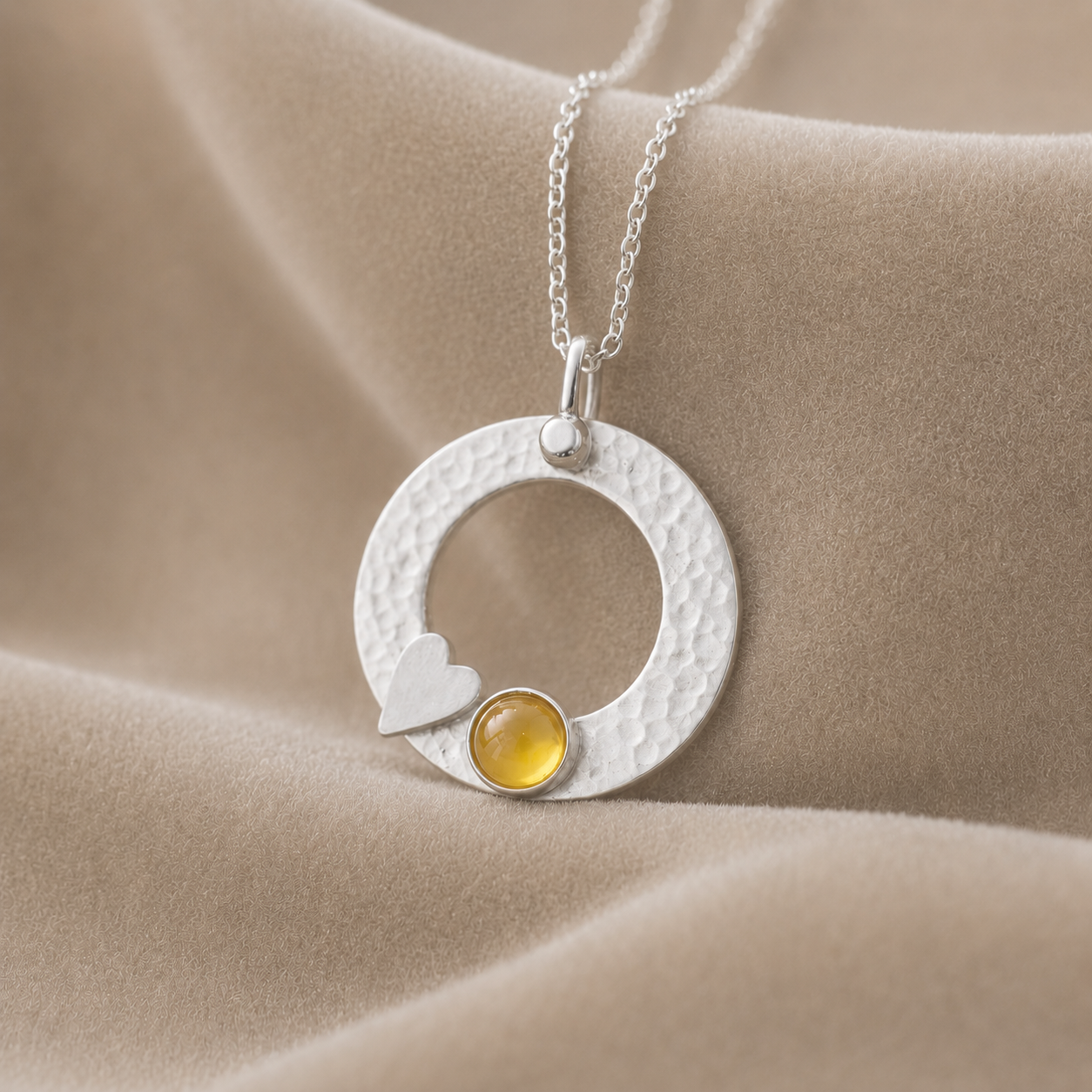 Citrine Necklace – Sterling Silver Circle Pendant with Heart – November Birthstone Jewellery Gift for Her