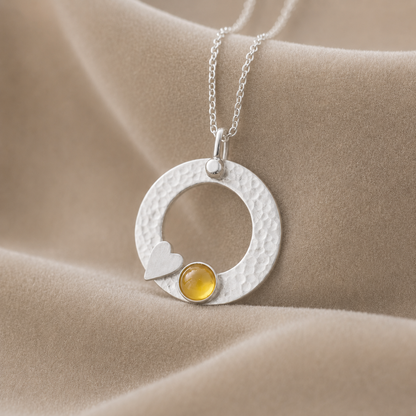 Citrine Necklace – Sterling Silver Circle Pendant with Heart – November Birthstone Jewellery Gift for Her