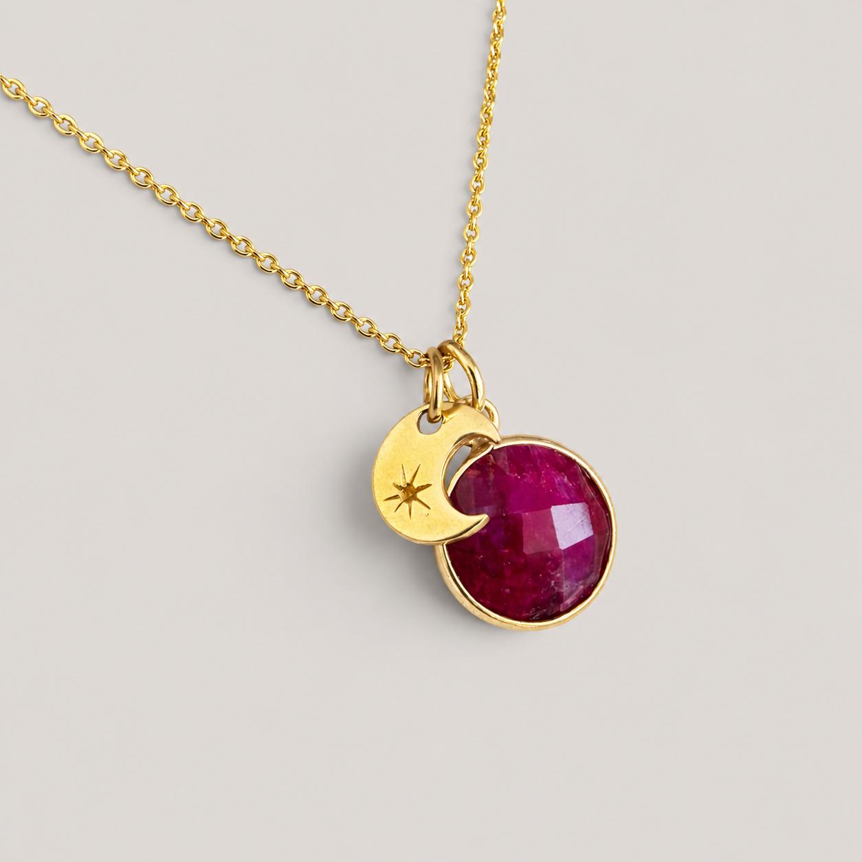 24k Gold Vermeil Ruby and Crescent Moon Necklace