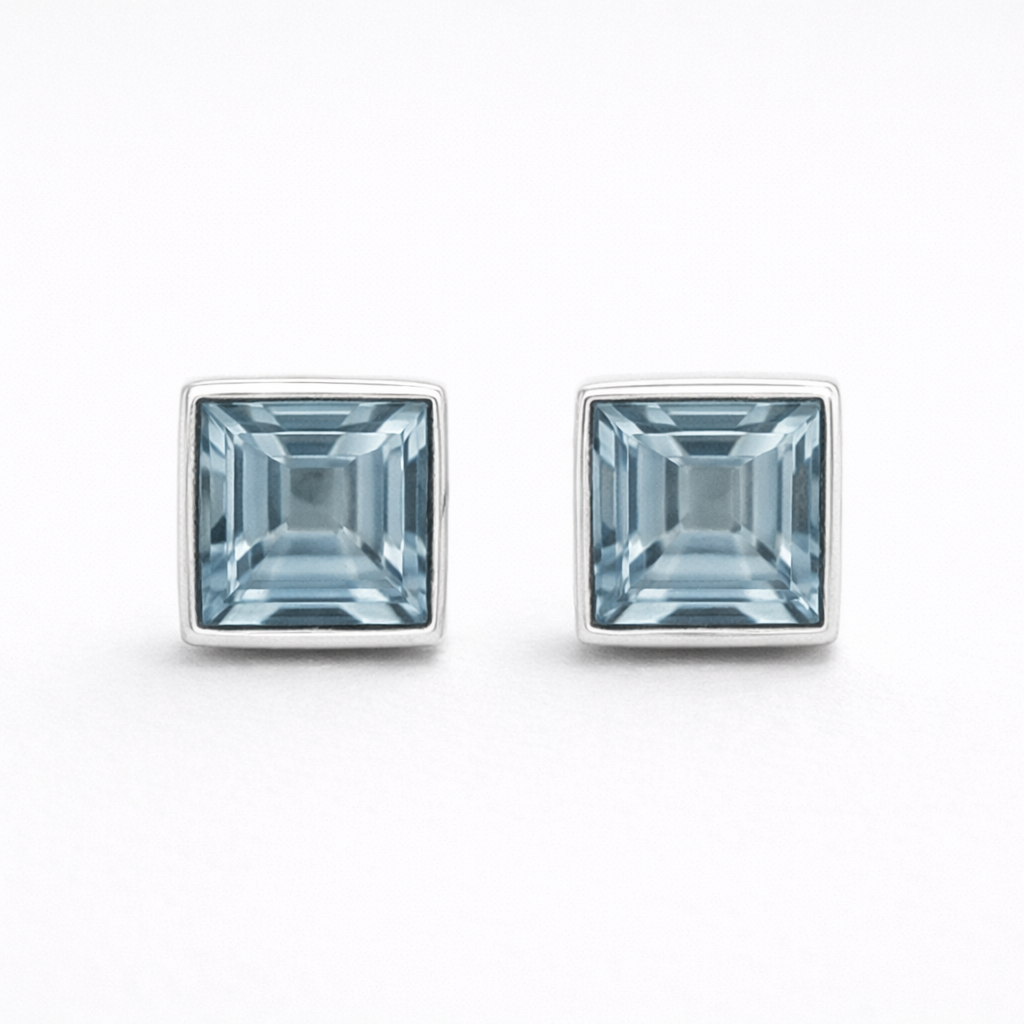 Square Blue Topaz Stud Earrings 6mm – 925 Sterling Silver December Birthstone