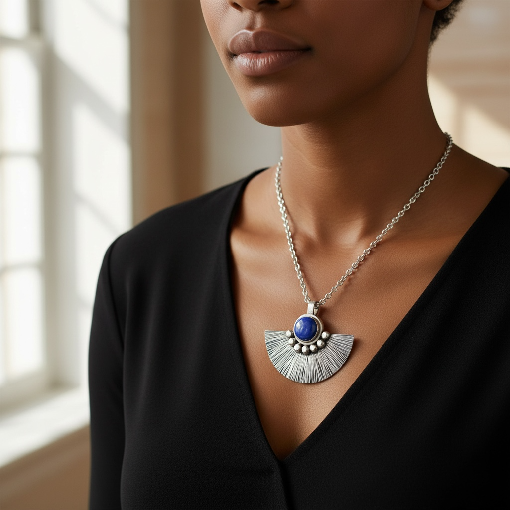 Lapis lazuli sterling silver fan necklace.