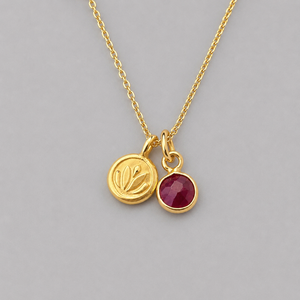 Ruby, lotus charm 24k gold vermeil necklace