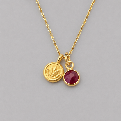 Ruby, lotus charm 24k gold vermeil necklace