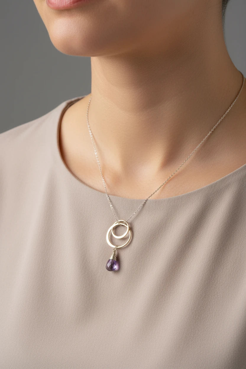 Natural Amethyst Circle Necklace in Sterling Silver and Fine Silver