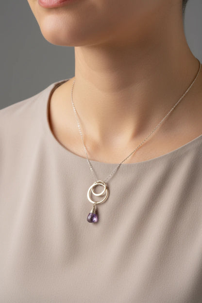 Natural Amethyst Circle Necklace in Sterling Silver and Fine Silver
