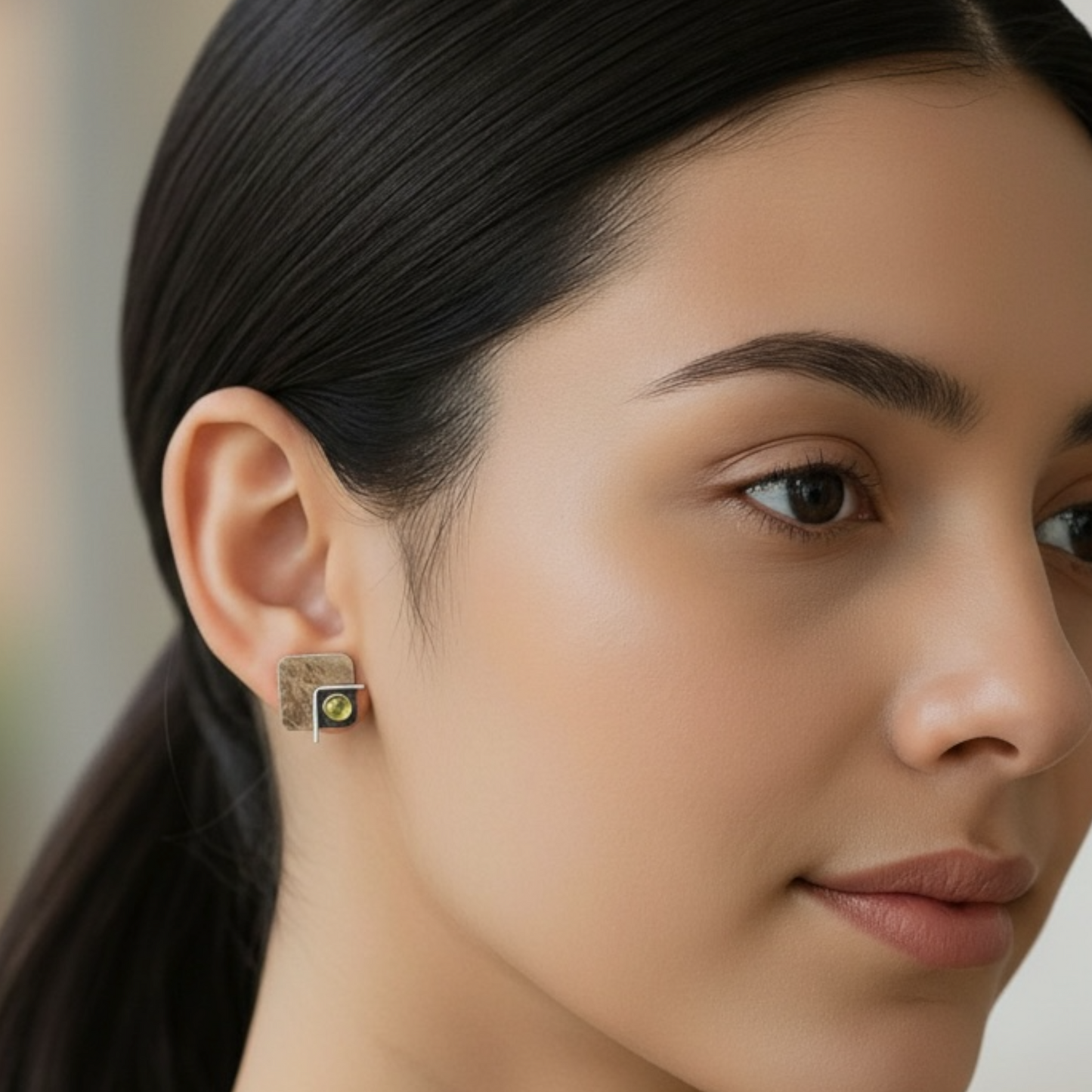 Peridot August birthstone, square sterling silver oxidised stud earrings. Made to order.