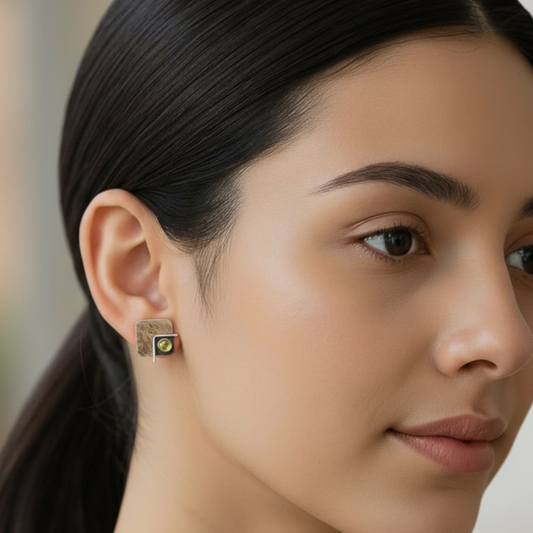 Peridot August birthstone, square sterling silver oxidised stud earrings. Made to order.