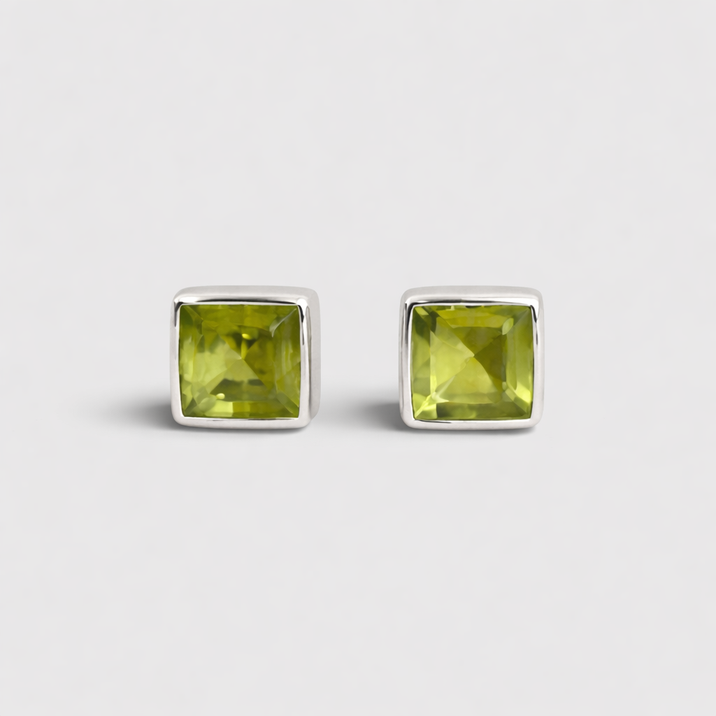 6mm Square Peridot Stud Earrings in 925 Sterling Silver – August Birthstone