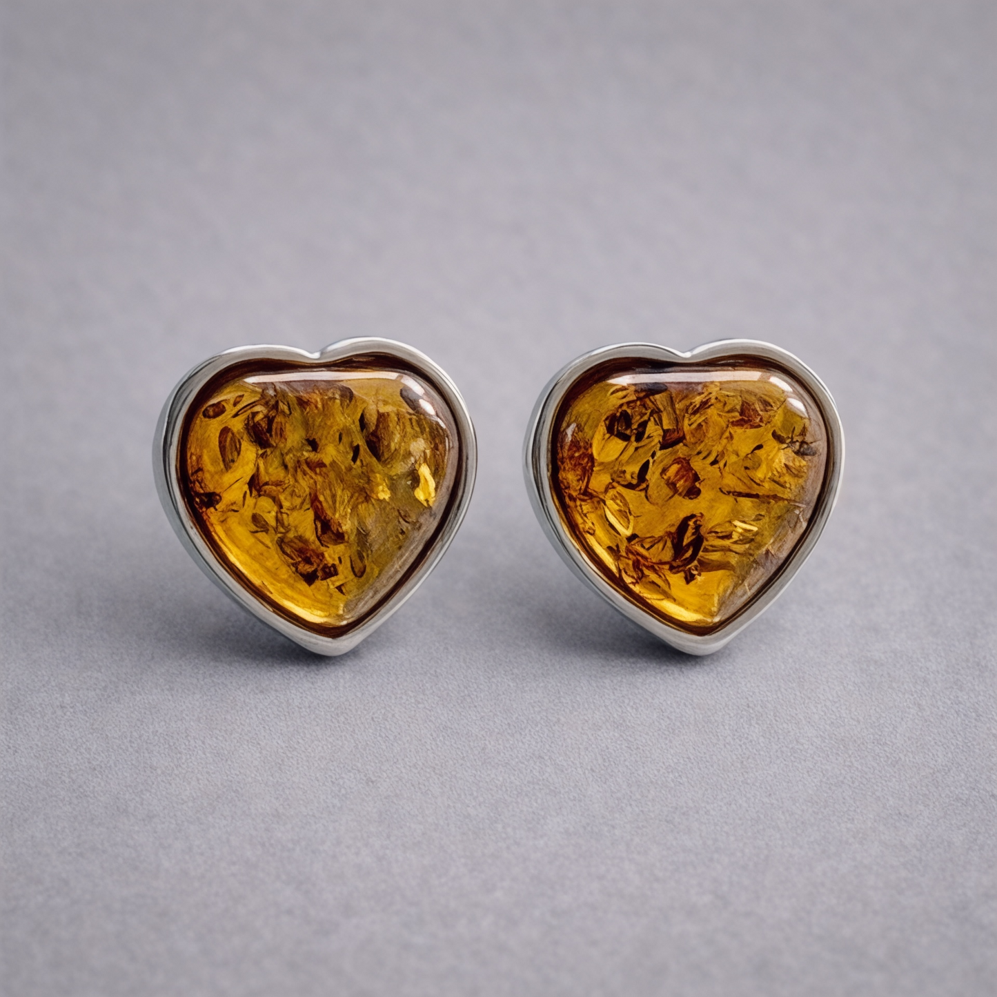 Sterling Silver and Baltic Amber Heart Stud Earrings