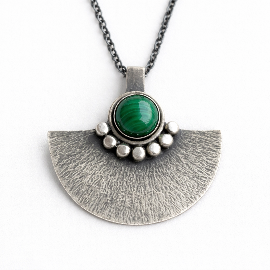Green malachite sterling silver oxidised fan necklace.