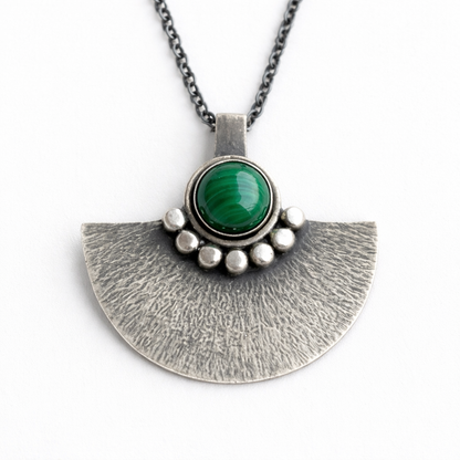 Green malachite sterling silver oxidised fan necklace.