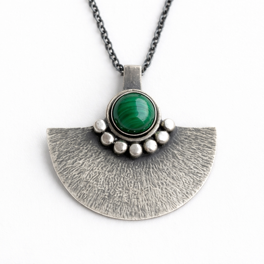 Green malachite sterling silver oxidised fan necklace.