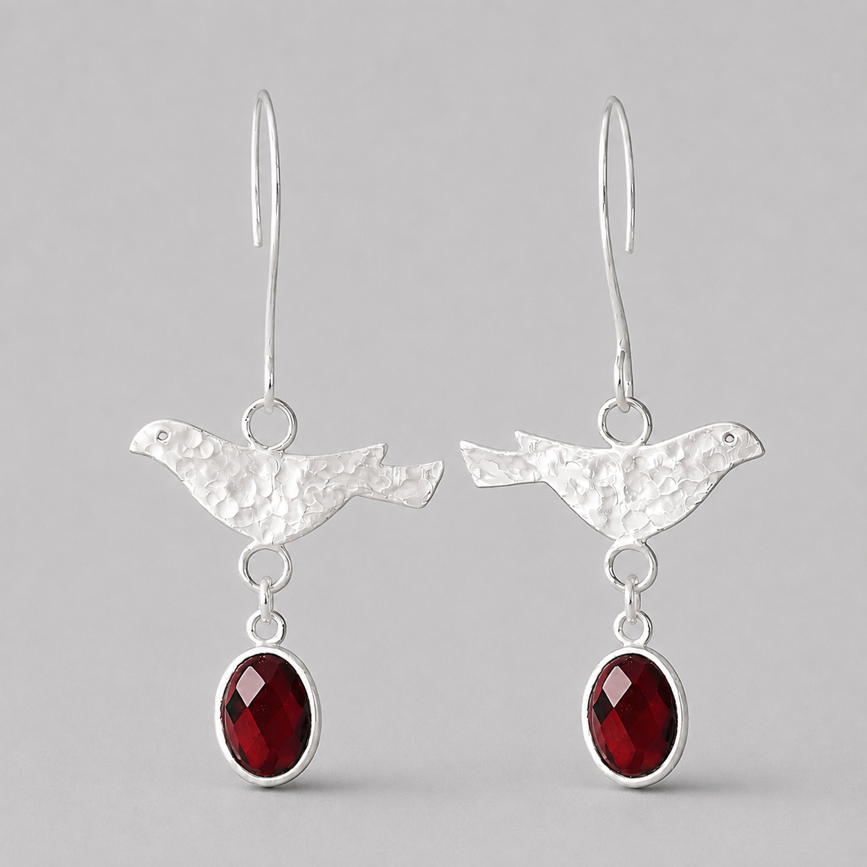 Sterling Silver Bird & Garnet Dangle Earrings
