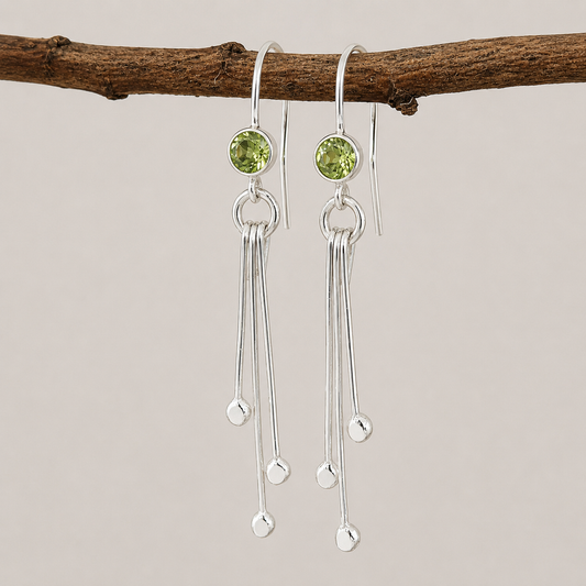 Peridot birthstone sterling silver dangle earrings.