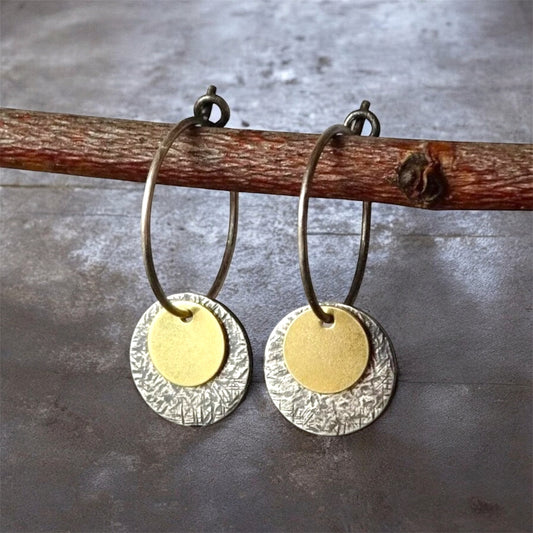 Gold vermeil, oxidised sterling silver disc hoop earrings.