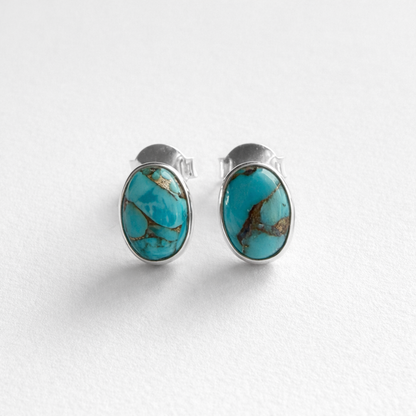 Blue Mohave Turquoise Oval Stud Earrings in 925 Sterling Silver – 6x8mm Turquoise Studs