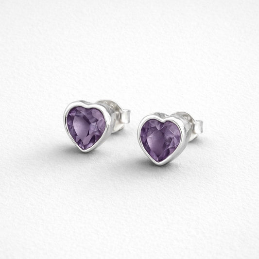 Amethyst Heart Stud Earrings in 925 Sterling Silver