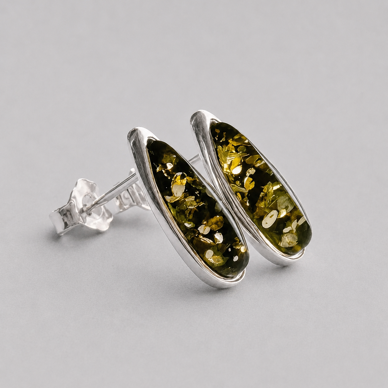 Green Baltic Amber Teardrop Stud Earrings in Sterling Silver